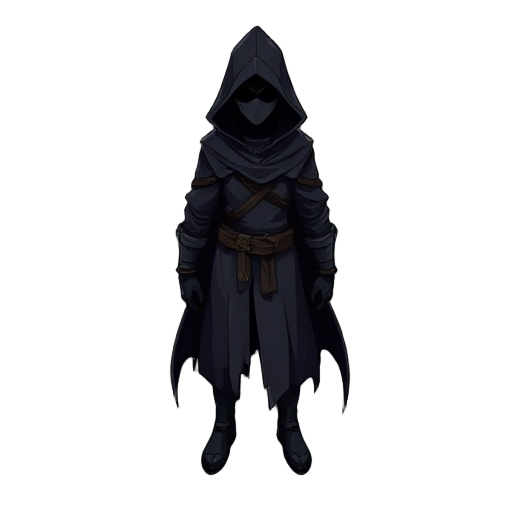 "design a 2d top-down view character sprite for a dark fantasy or stealth game. the character is a shadowy rogue or vigilante, dressed in a long, tattered black cloak with a hood that casts a shadow o