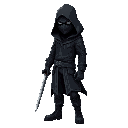 an assasin wearing black attire and black hoodie and mask. he is holding a sword.