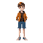 young guy with brown hair, orange jacket, black shirt and blue shorts. wearing white-blue shoes