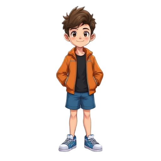 young guy with brown hair, orange jacket, black shirt and blue shorts. wearing white-blue shoes