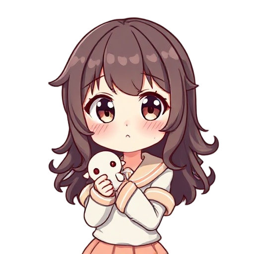"anime-style female character, cute and playful, tsundere personality, expressive eyes, long flowing hair with slight curls, wearing a cozy school uniform with pastel colors, small blush on cheeks, slightly pouting expression, holding a plushie or small o