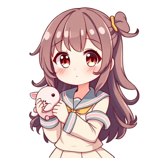 "anime-style female character, cute and playful, tsundere personality, expressive eyes, long flowing hair with slight curls, wearing a cozy school uniform with pastel colors, small blush on cheeks, slightly pouting expression, holding a plushie or small o