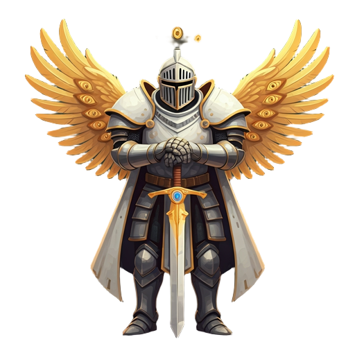 angel knight with white armor, sword and golden wings with many eyes on them
