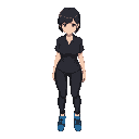 woman with short black hair, black shirt, black pant, blue shoes