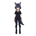 woman with wolfcut, black and shirt, black and blue pant, human ears