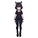 woman with wolfcut, black and shirt, black and blue pant, no cat ear