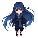 mysterious girl with long flowing hair fading from indigo to blue, red eyes, calm expression. wears a dark modern kimono-style outfit with wide sleeves, blue checkered sash, cropped pants, and blue-accented shoes. stands facing forward, white background.