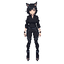 woman with wolfcut, black and shirt, black and blue pant
