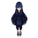 mysterious girl with long straight hair fading from indigo to blue, red eyes, calm expression. wears a dark modern kimono-style outfit with wide sleeves, blue checkered sash, cropped pants, and blue-accented shoes. hair rests naturally. stands facing forw