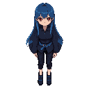 girl with long straight hair fading from indigo to blue, red eyes, calm expression. wears a dark button-up shirt with wide sleeves and a blue checkered belt, black cropped pants, and dark shoes with blue accents. 