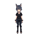 woman with wolfcut, black and shirt, black and blue pant