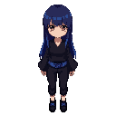 girl with long straight hair fading from indigo to blue, red eyes, calm expression. dark shirt with wide sleeves, black cropped pants, dark shoes with blue accents. detailed blue belt with a pixel-like checkered pattern wraps her waist