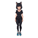 woman with wolfcut hairstyle, black shirt, black pant, blue shoes, thin but curvy body