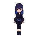 girl with long straight hair fading from indigo to blue, red eyes, calm expression. wears a dark button-up shirt with wide sleeves and a blue checkered belt, black cropped pants, and dark shoes with blue accents. 