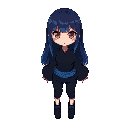 mysterious girl with long straight hair fading from indigo to blue, red eyes, calm expression. wears a dark shirt with wide sleeves, black cropped pants, and dark shoes with blue accents. a detailed blue belt with a pixel-like checkered pattern wraps her 