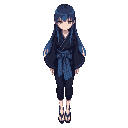 mysterious girl with long straight hair fading from indigo to blue, red eyes, calm expression. wears a dark modern kimono-style outfit with wide sleeves, blue checkered sash, cropped pants, and blue-accented shoes. hair rests naturally. stands facing forw