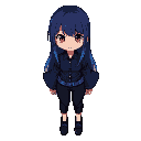 girl with long straight hair fading from indigo to blue, red eyes, calm expression. wears a dark button-up shirt with wide sleeves and a blue checkered belt, black cropped pants, and dark shoes with blue accents. 