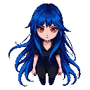 a mysterious young woman with long, flowing hair that transitions from deep indigo to vibrant electric blue. her hair falls freely around her shoulders and down her back, with dynamic strands giving a sense of movement. she has pale skin and striking red 