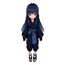 mysterious girl with long straight hair fading from indigo to blue, red eyes, calm expression. wears a dark modern kimono-style outfit with wide sleeves, blue checkered sash, cropped pants, and blue-accented shoes. hair rests naturally. stands facing forw