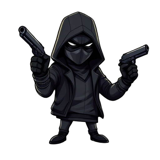 a black assassin with a pistol in his hand, wearing a mask and wearing a one-touch black and gray jacket