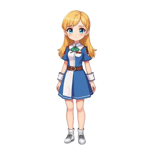 girl with blonde hair, blue eyes, bright skin, 156 cm height, 40 kg weight, wearing fantasy guild adventure receiptionist uniform in blue white color, wearing blue white shoes, calm face.