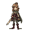 a pixel image of a woman with a sword and a green cape