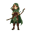 a pixel image of a woman with a longbow and a green cape