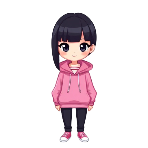 create pixel square a white woman wearing a pink hoodie and black pants with black hair bangs
