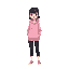 create a white woman wearing a pink hoodie and black pants with black hair bangs
