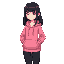 create pixel square a white woman wearing a pink hoodie and black pants with black hair bangs