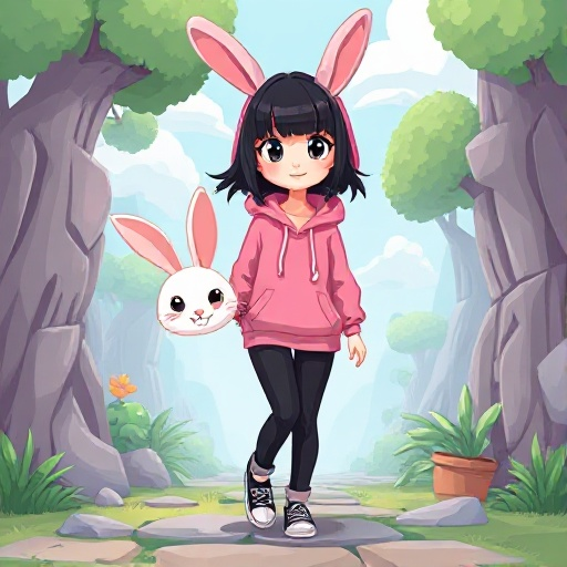 the game is called sarah's adventure. she goes in different dimensions with white and brown bunny create pixel square a white woman wearing a pink hoodie and black pants with black hair bangs