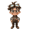 „a cartoon character portrait of ‘flix’, a quirky inventor with messy hair and goggles on his forehead, wearing patched-up steampunk overalls. he’s smiling confidently, bright color palette, comedi