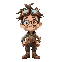 „a 2d cartoon character portrait of ‘flix’, a quirky inventor with messy hair and goggles on his forehead, wearing patched-up steampunk overalls. he’s smiling confidently, bright color palette, comedi
