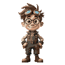 „a 2d cartoon character portrait of ‘flix’, a quirky inventor with messy hair and goggles on his forehead, wearing patched-up steampunk overalls. he’s smiling confidently, bright color palette, comedi