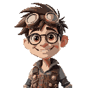 „a 2d cartoon character portrait of ‘flix’, a quirky inventor with messy hair and goggles on his forehead, wearing patched-up steampunk overalls. he’s smiling confidently, bright color palette, comedi