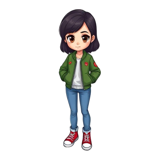 girl with dark hair, brown eyes, green bomber jacket, blue jeans, red converse shoes