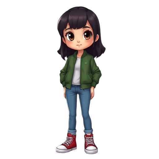 girl with dark hair, brown eyes, green bomber jacket, blue jeans, red converse shoes