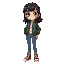 girl with dark hair, brown eyes, green bomber jacket, blue jeans, red converse shoes