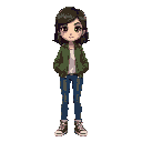 girl with dark hair, brown eyes, green bomber jacket, blue jeans, red converse shoes