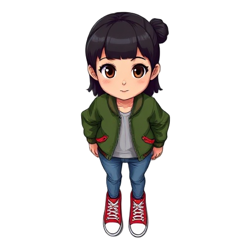 girl with dark hair, brown eyes, green bomber jacket, blue jeans, red converse shoes