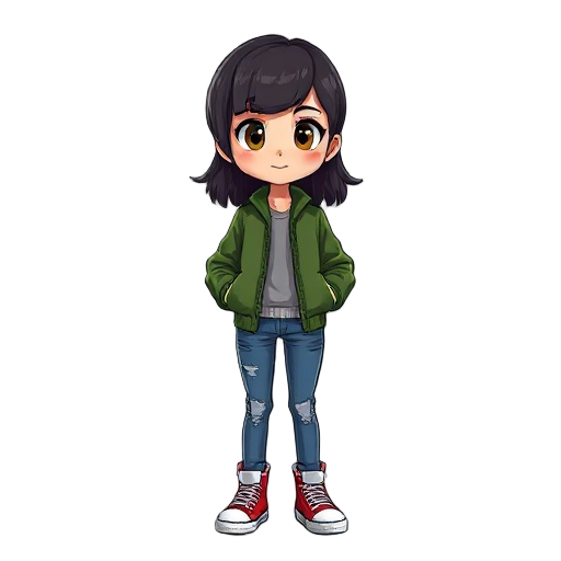 girl with dark hair, brown eyes, green bomber jacket, blue jeans, red converse shoes