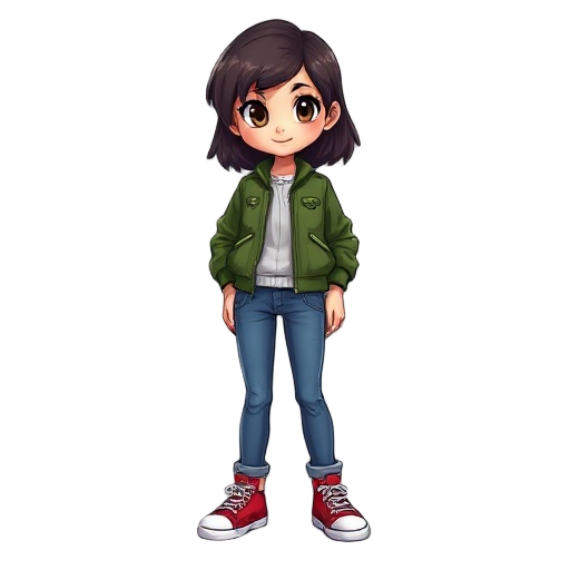 girl with dark hair, brown eyes, green bomber jacket, blue jeans, red converse shoes