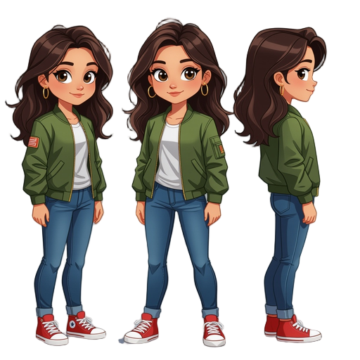 girl with dark hair, brown eyes, green bomber jacket, blue jeans, red converse shoes