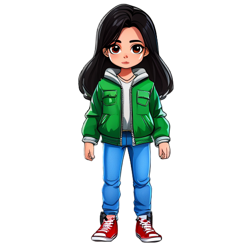 girl with dark hair, brown eyes, green bomber jacket, blue jeans, red converse shoes