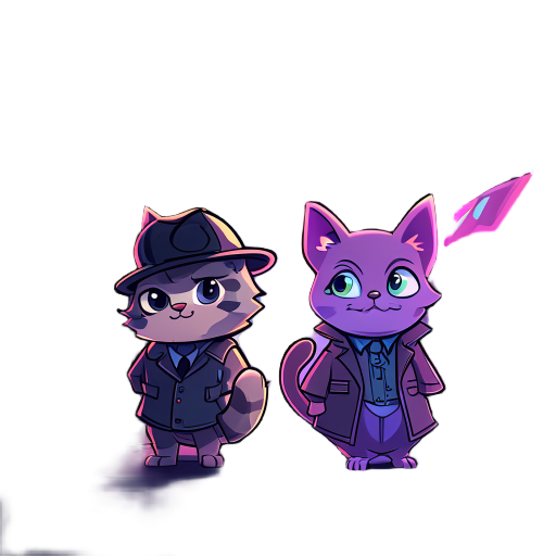 cute cat detective and friend lemure in a night city with neon lights