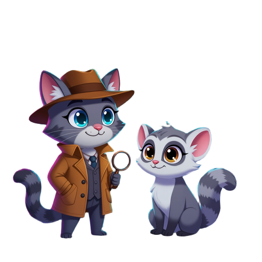 cute cat detective and friend lemure in a night city with neon lights