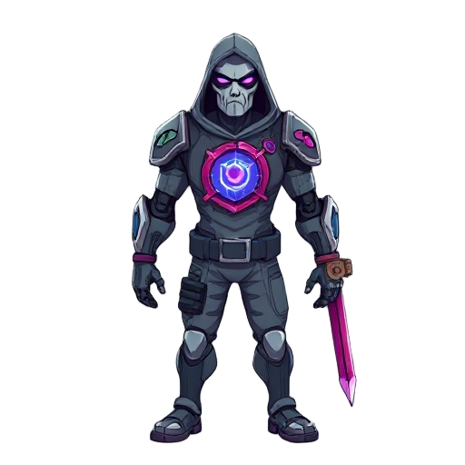 human prisoner with a core in its heart with vains and blod around it and a robotic right hand and hunan left hand with a futuristic sword in it