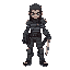 half human cyborg with a prisoner clothing and mech left hand and a sword in right hand