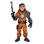 human prisoner in orange prison clothing with cyborg core in his heart and a robotic right hand that can become a shield and a futuristic sword in his left hand 