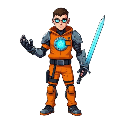 human prisoner in orange prison clothing with cyborg core in his heart and a robotic right hand that can become a shield and a futuristic sword in his left hand 